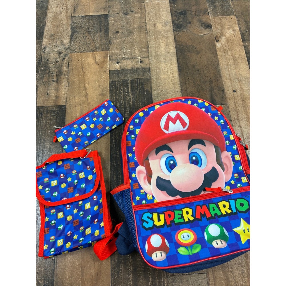 Nintendo Super Mario Bros 3 Piece Backpack Set Lunch Bag Pencil Case Blue Red